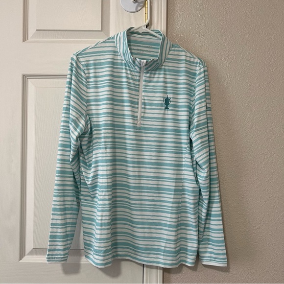 Peter Millar RSM Classic Golf 1/4-Zip Pullover Teal Striped Women's Size Large - Picture 1 of 6